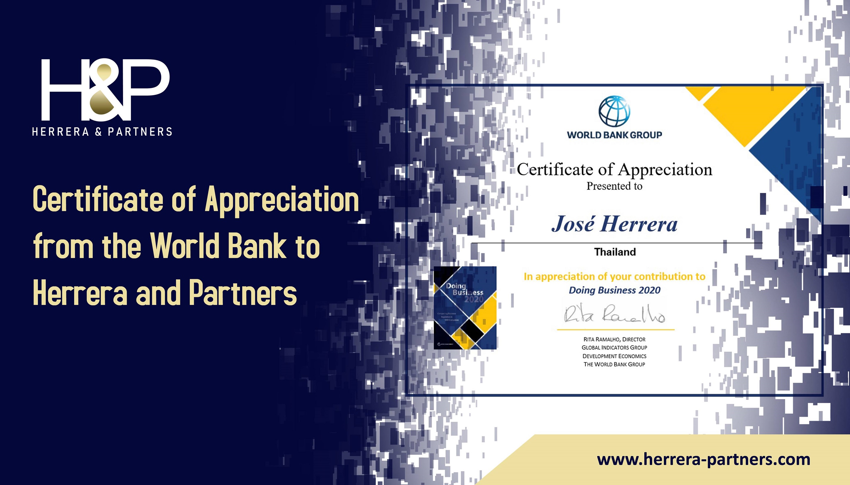 Certificate of Appreciation from the World Bank to Herrera and Partners H&P Corporate Law firm in Thailand