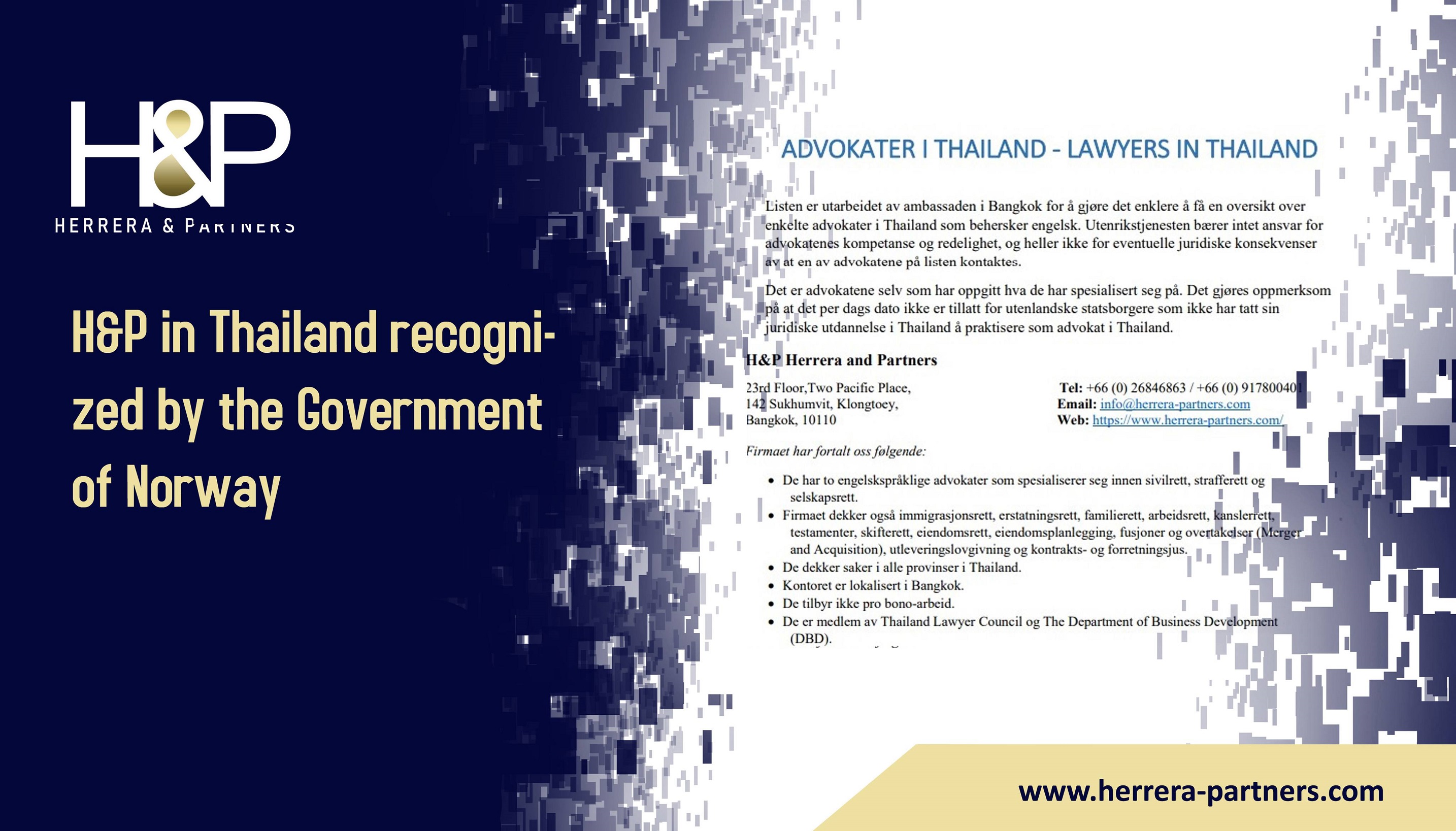 H&P in Thailand recognized by the Government of Norway International law firm in Bangkok