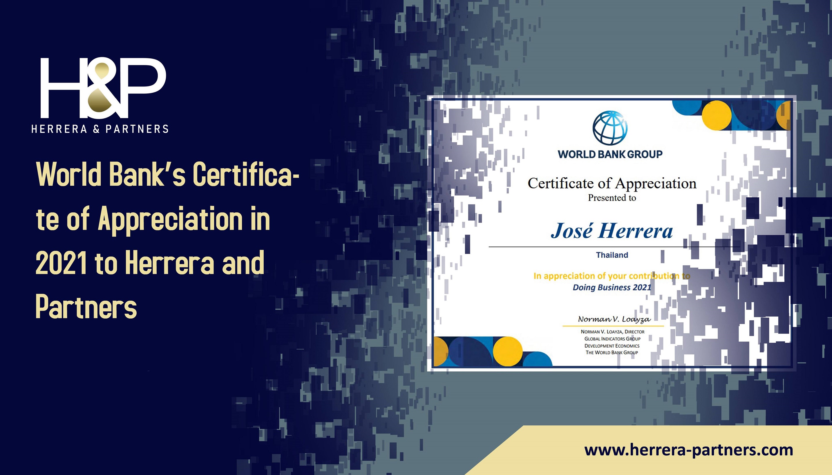 World Bank's Certificate of Appreciation in 2021 to Herrera and Partners H&P Corporate Law firm in Thailand