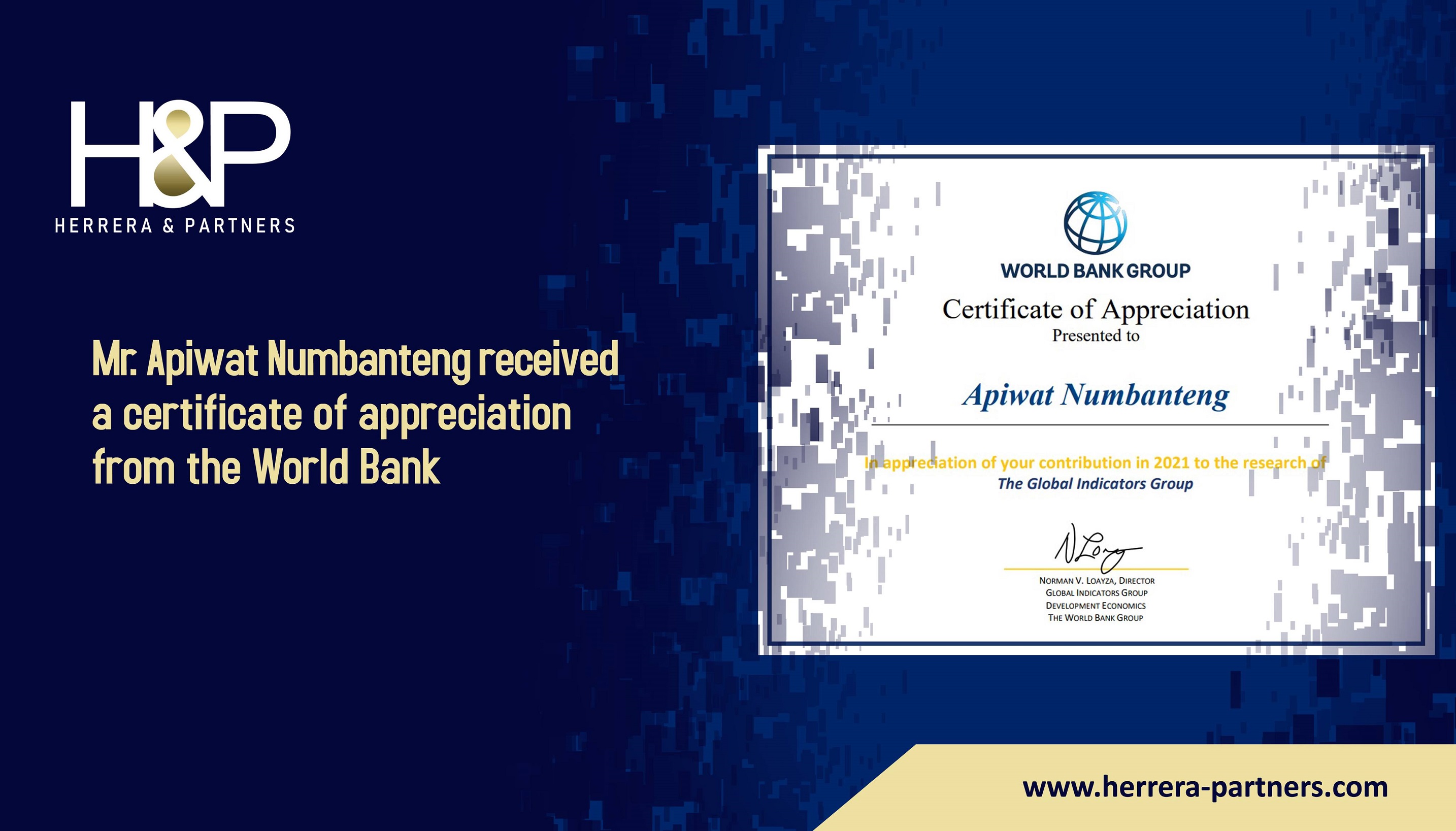 Mr. Apiwat Numbanteng received a certificate of appreciation from the World Bank H&P Corporate law firm in Bangkok