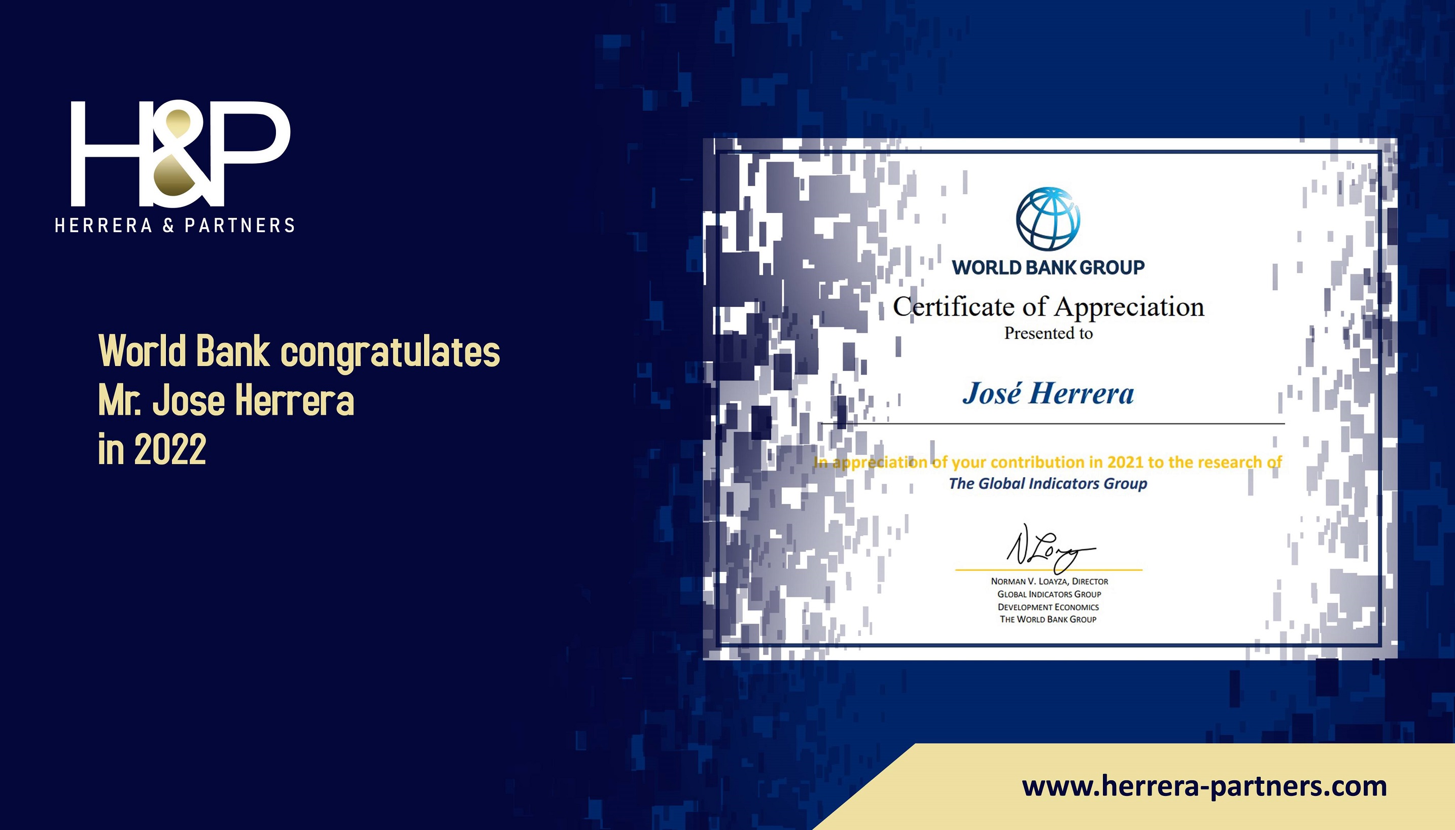 World Bank congratulates Mr. Jose Herrera in 2022 H&P Corporate Law firm in Thailand